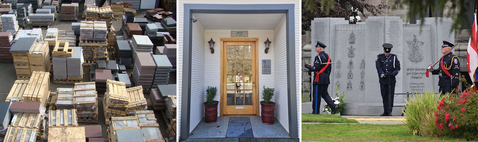 A collage of three pictures shows a cemetery , a doorway and soldiers