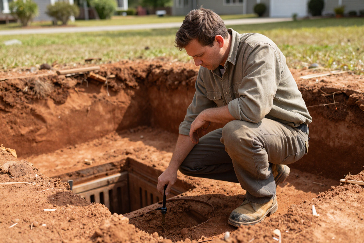 Lucas Septic technician evaluating a residential drain field for repair or replacement in Gaston, SC.