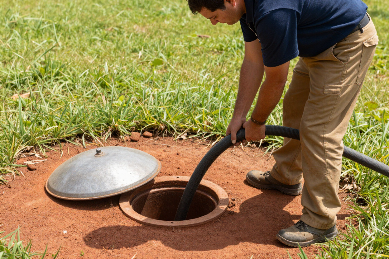 Lucas Septic technician pumping a residential septic tank in the Midlands of South Carolina.