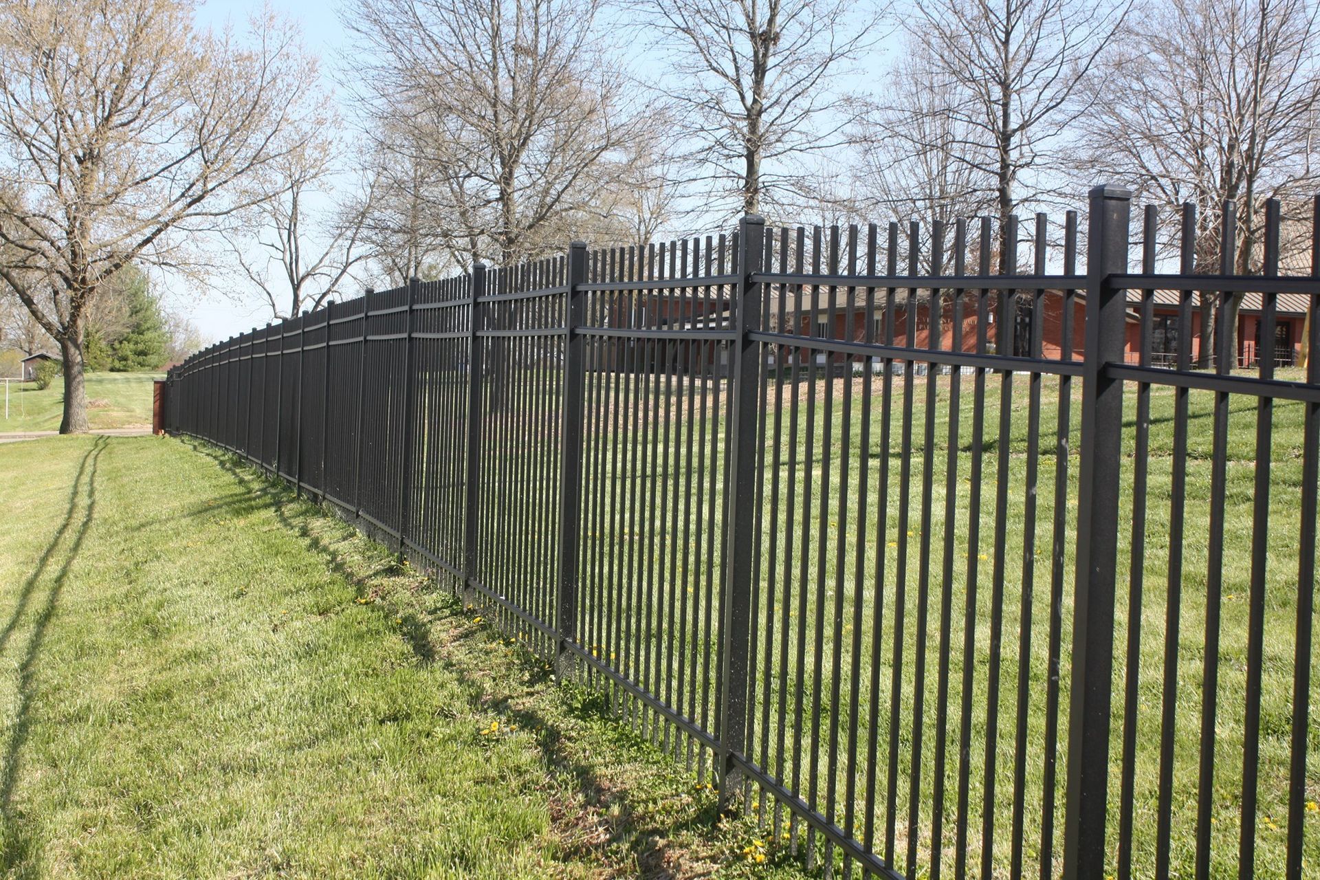 Black metal fence along a grassy path in a park with leafless trees and clear sky