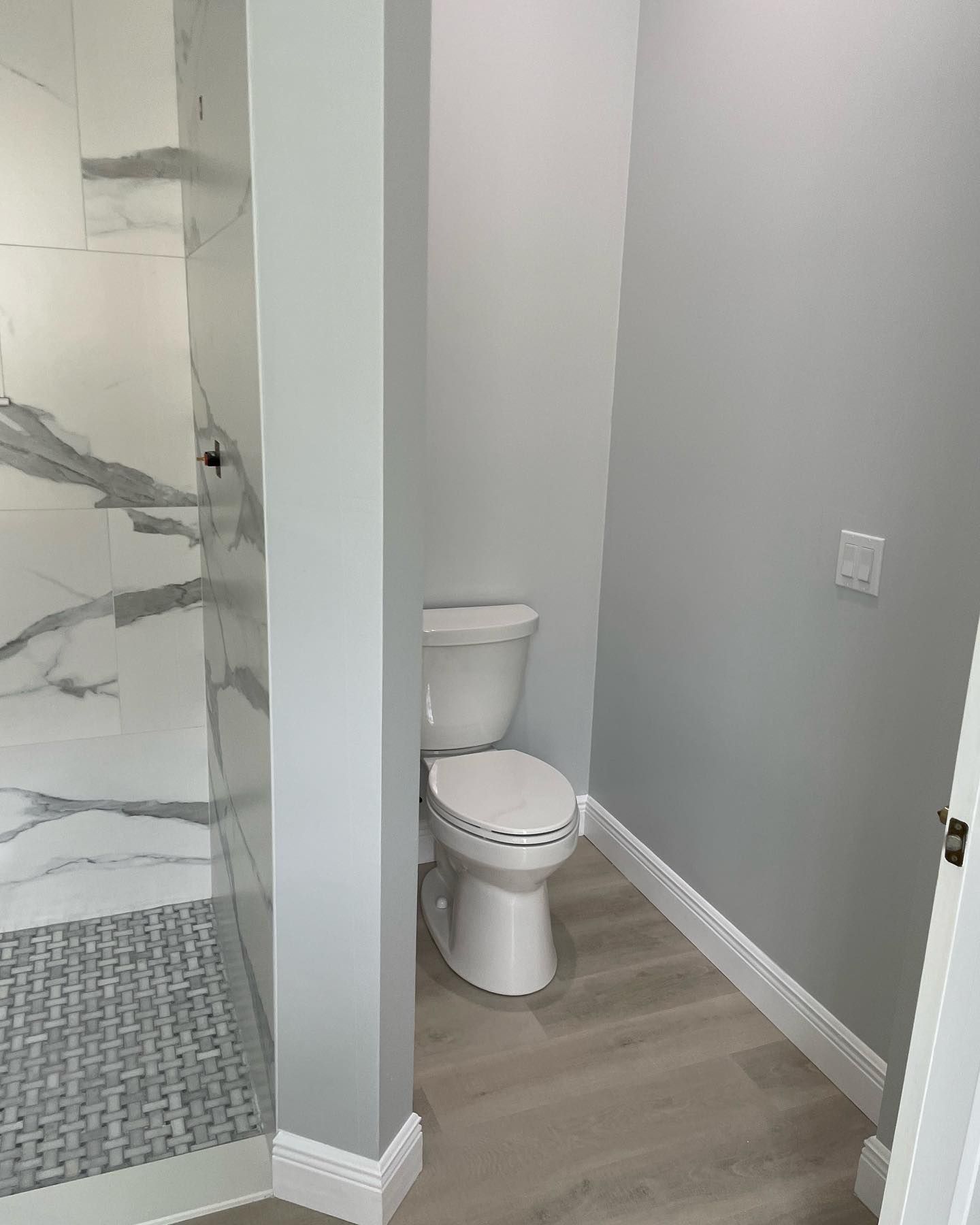 Small gray bathroom with a white toilet beside a tiled shower and light wood floor