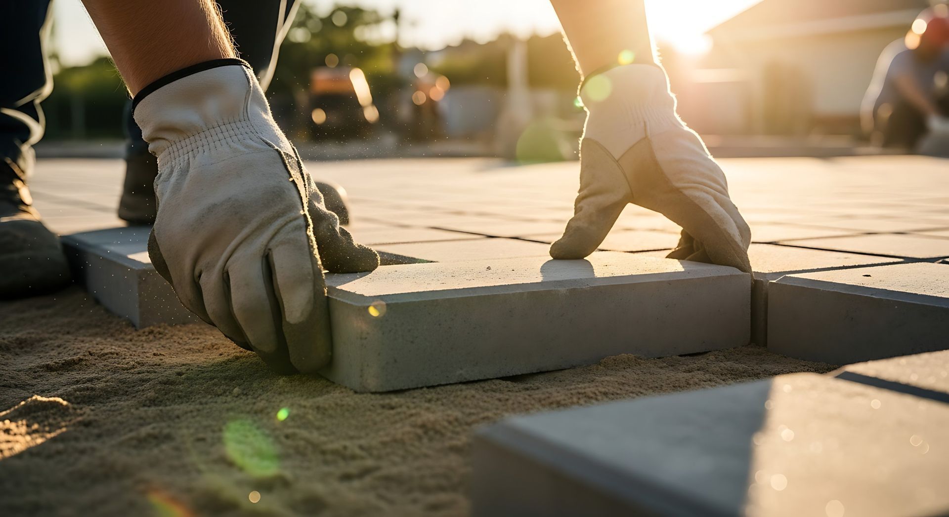 Hands wearing work gloves placing paving stones on sand, outdoors.