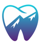 Logo en forme de dent avec silhouette de montagne bleue, dégradé du bleu au violet.