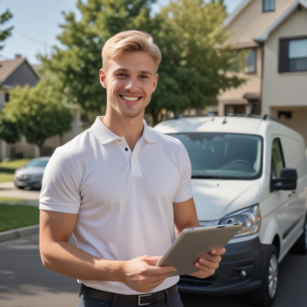 Technician holding a tablet in front of a white van