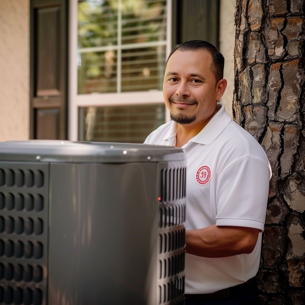 A technician is standing next to an air conditioner.