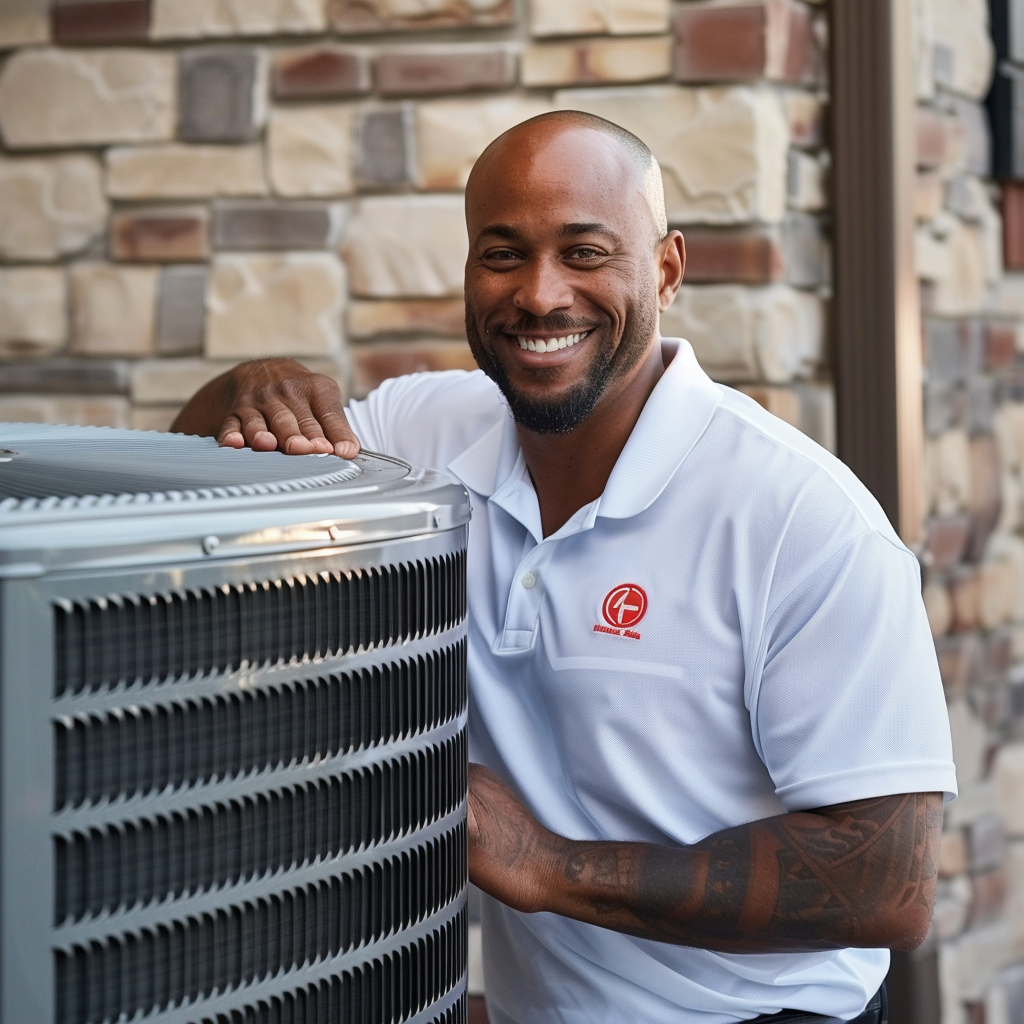A man in a white shirt is standing next to an air conditioner