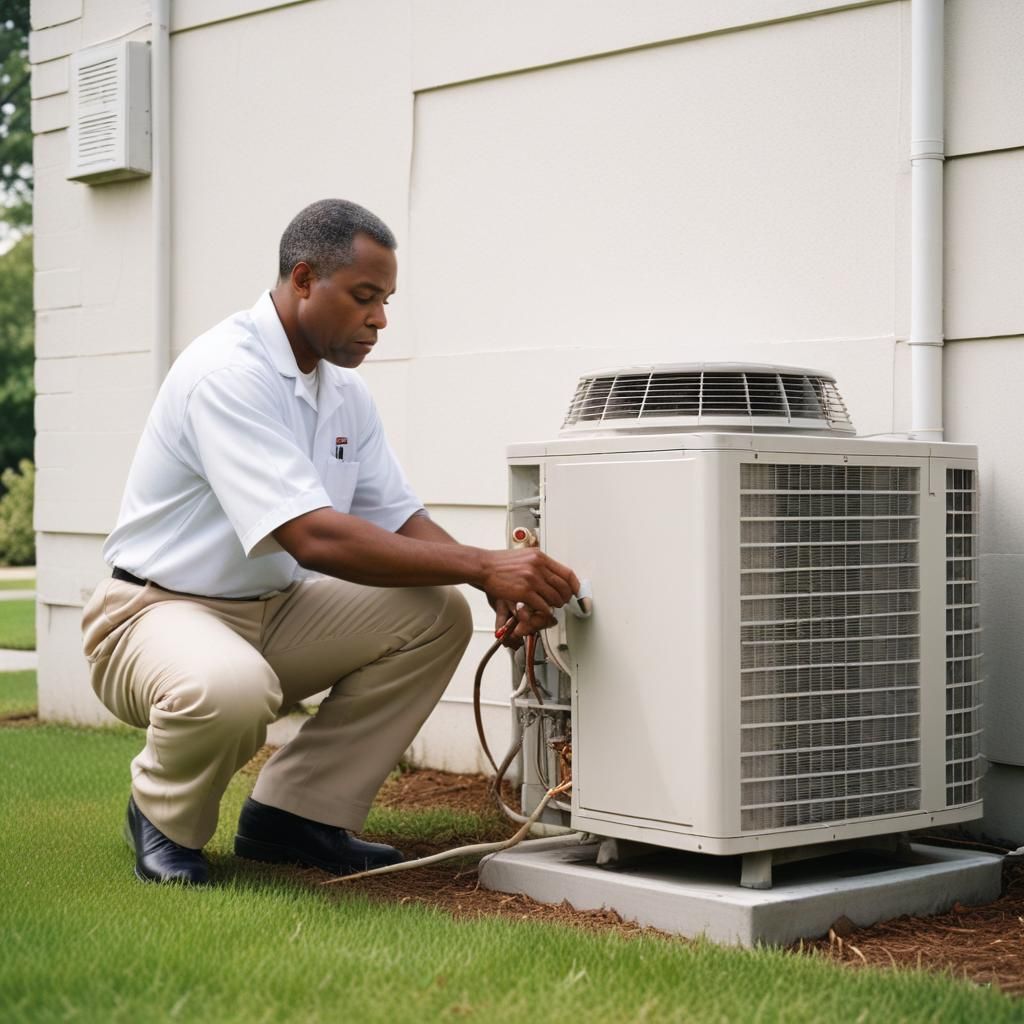 A technician is working on an air conditioner outside of a house