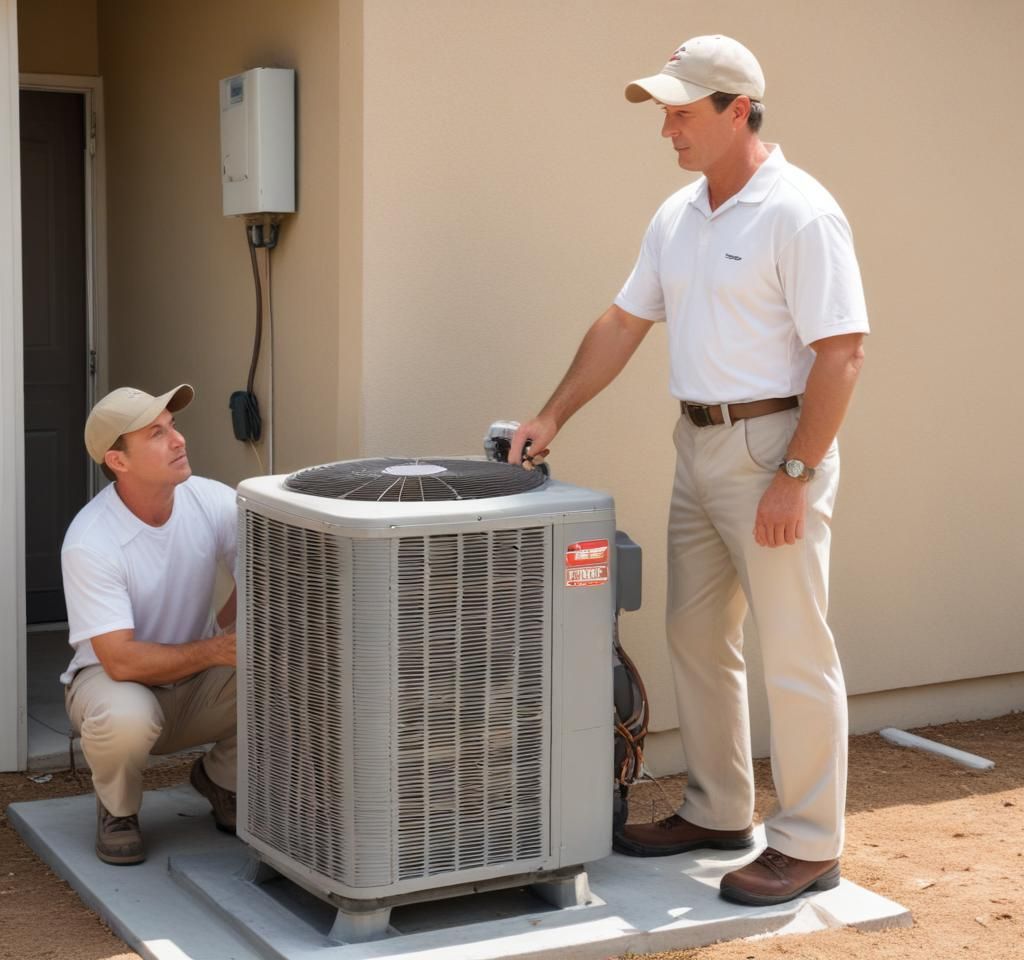 Two men are working on an air conditioner outside of a building