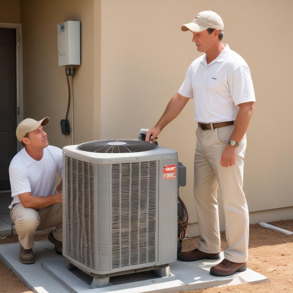 Two technicians are working on an air conditioner