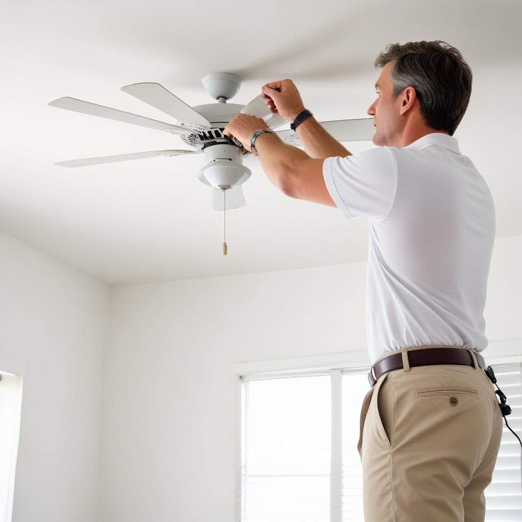 A technician installing a ceiling fan in a room