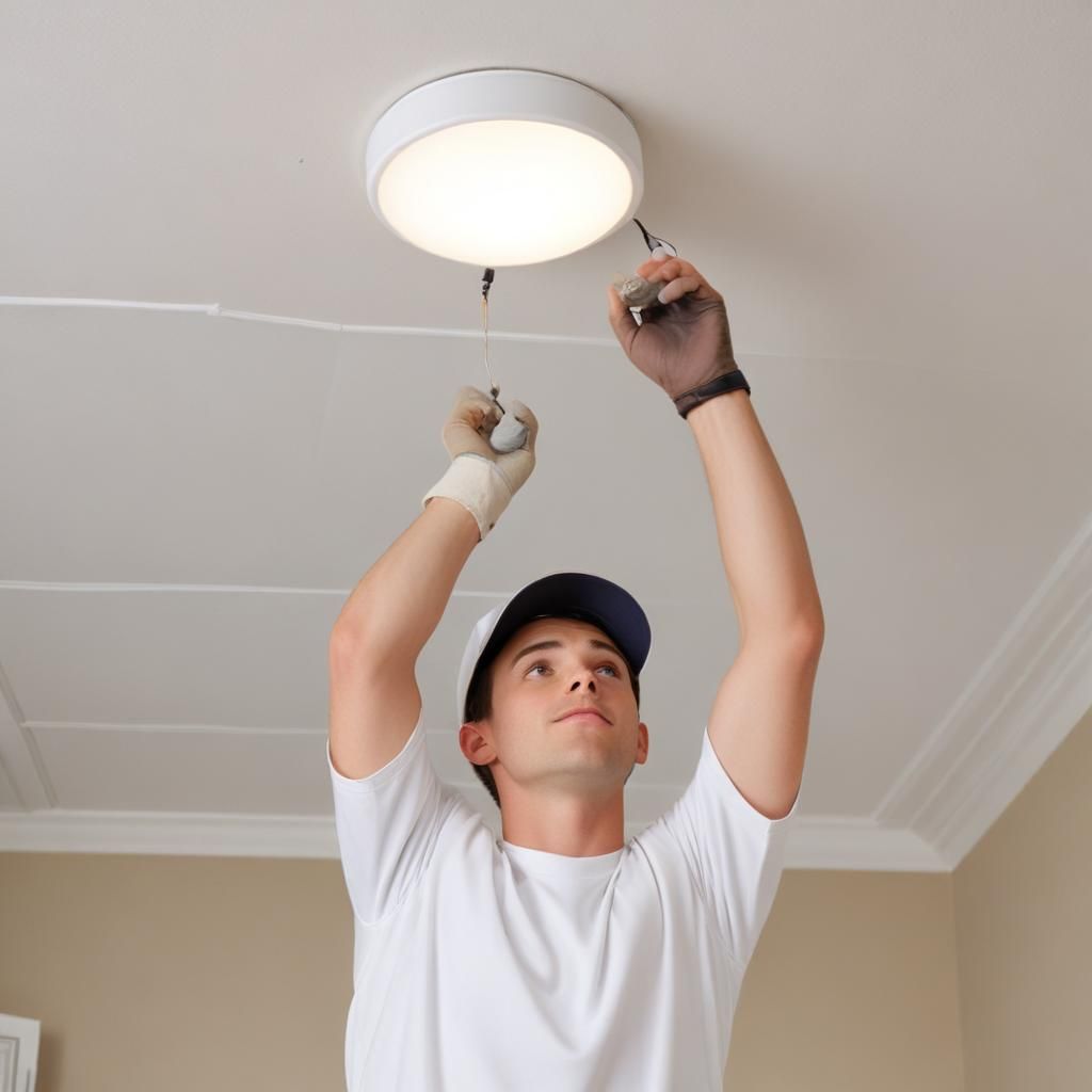 A technician fixing a ceiling light with a screwdriver