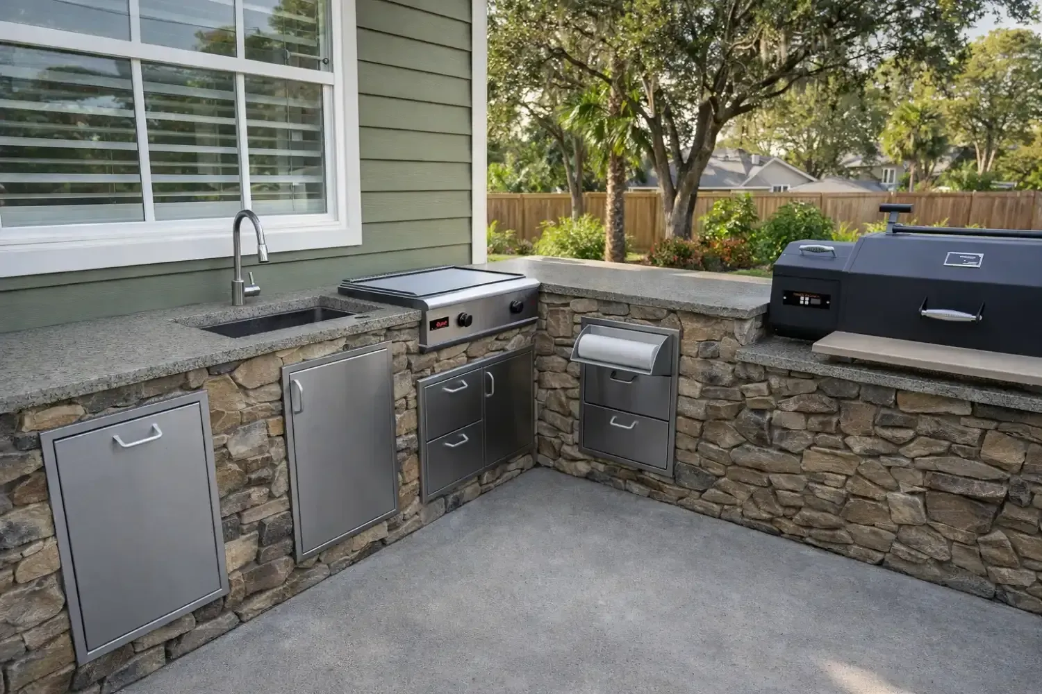Outdoor kitchen with stone base, stainless steel cabinets, a sink, stove, and grill on a concrete patio.