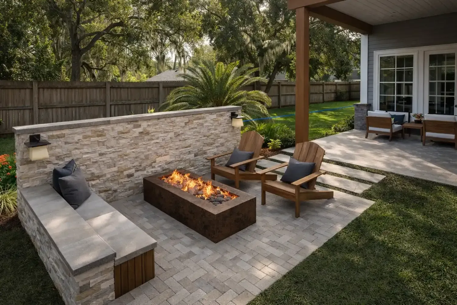 A stone patio features a rectangular fire pit with flames, a stone bench, and two wooden chairs near a house exterior.