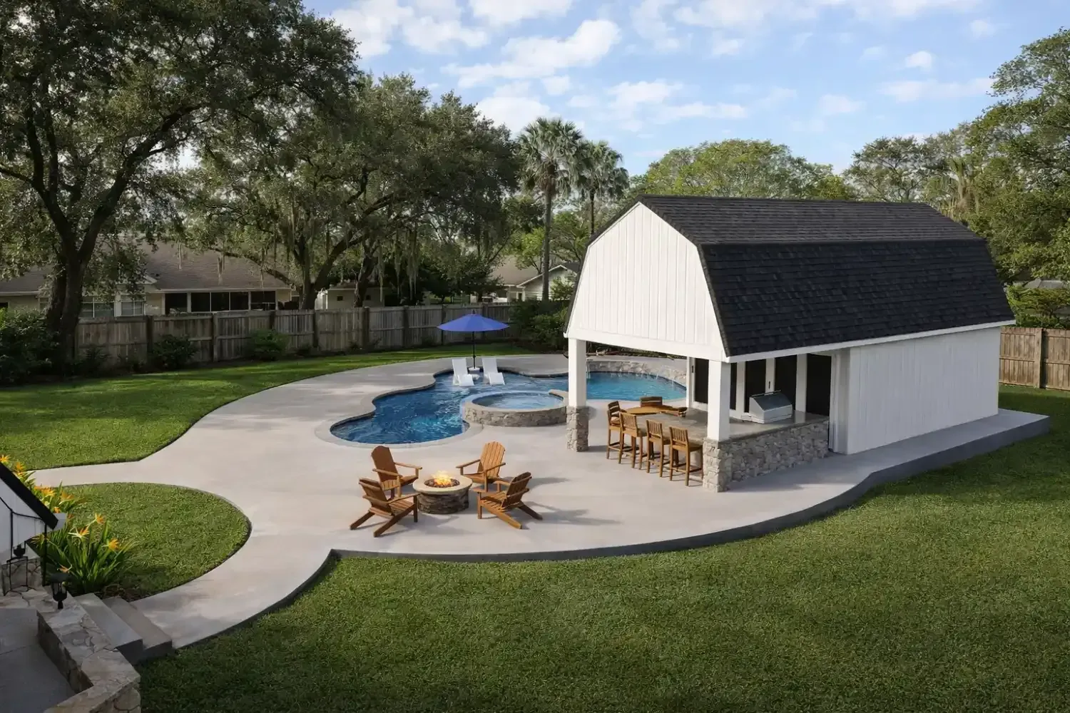 A backyard features a pool, a fire pit with chairs, and a white barn-style pool house with an outdoor kitchen.