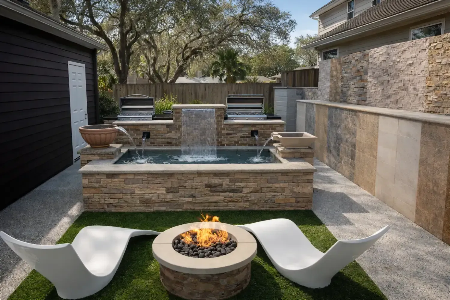 Modern patio with a stone water feature, a round fire pit, and two white lounge chairs on an artificial grass area.