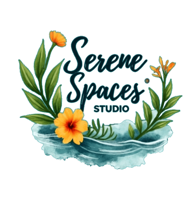 Logo for Serene Spaces Studio featuring the brand name in a script font above watercolor-style flowers and blue water.