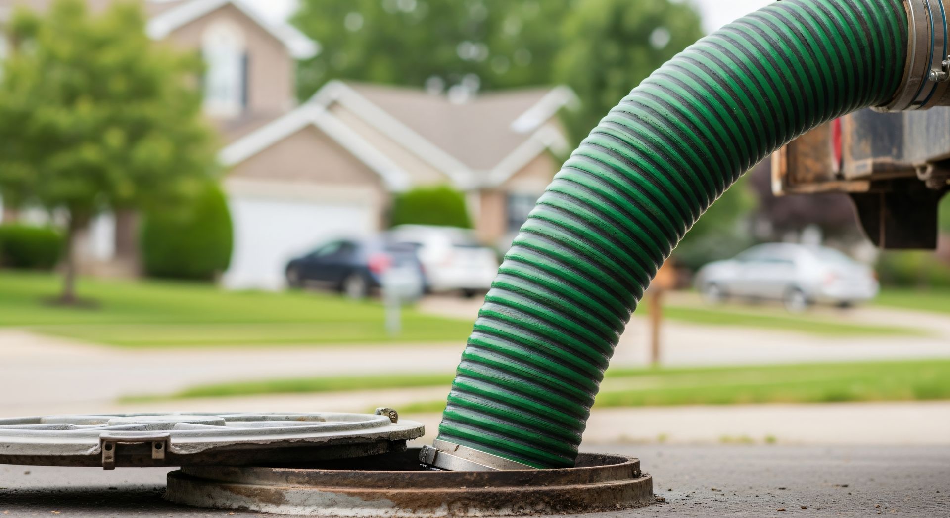 Large green hose connected to an open outdoor tank in a residential area. Large green hose connected to an open outdoor tank in a residential area.