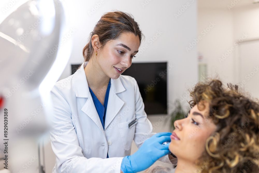 A professional skin care dermatologist examining a patient's skin.