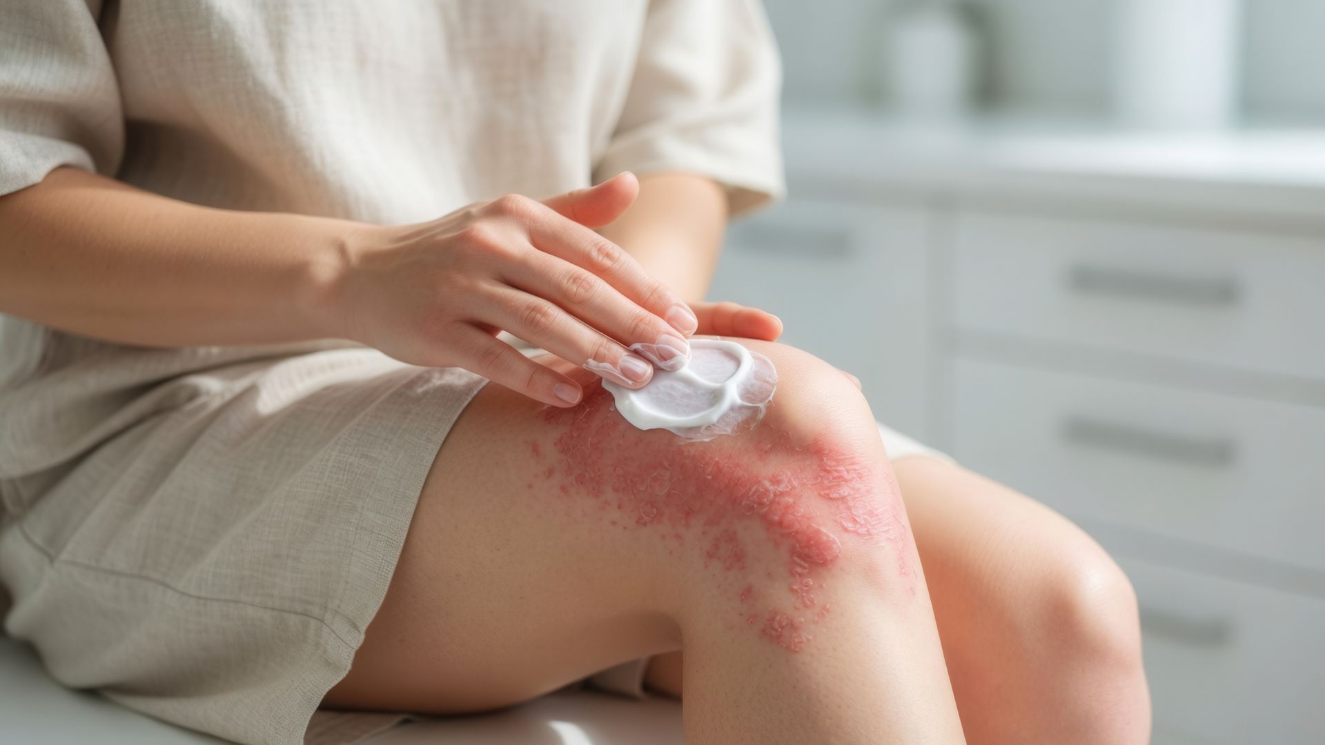 Gently applying cream to red, inflamed skin on the knee as part of a dermatology treatment routine.
