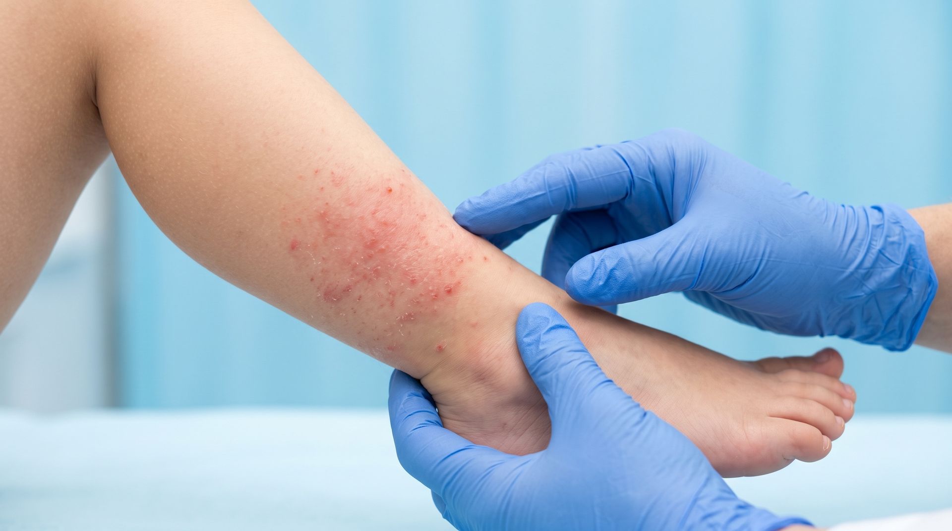 Gloved hands of a pediatric dermatologist closely examining a red, inflamed rash on a child's calf. Gloved hands of a pediatric dermatologist closely examining a red, inflamed rash on a child's calf.