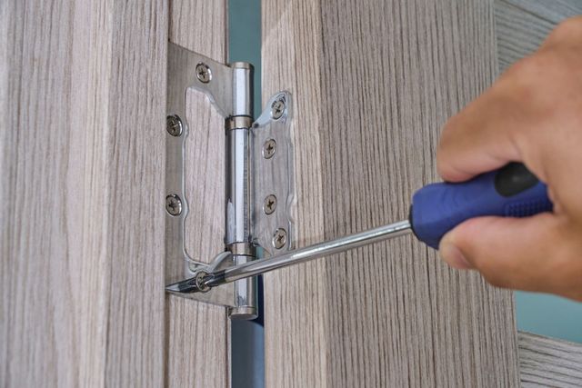 A hand using a screwdriver to tighten a metal hinge on a wooden door frame.