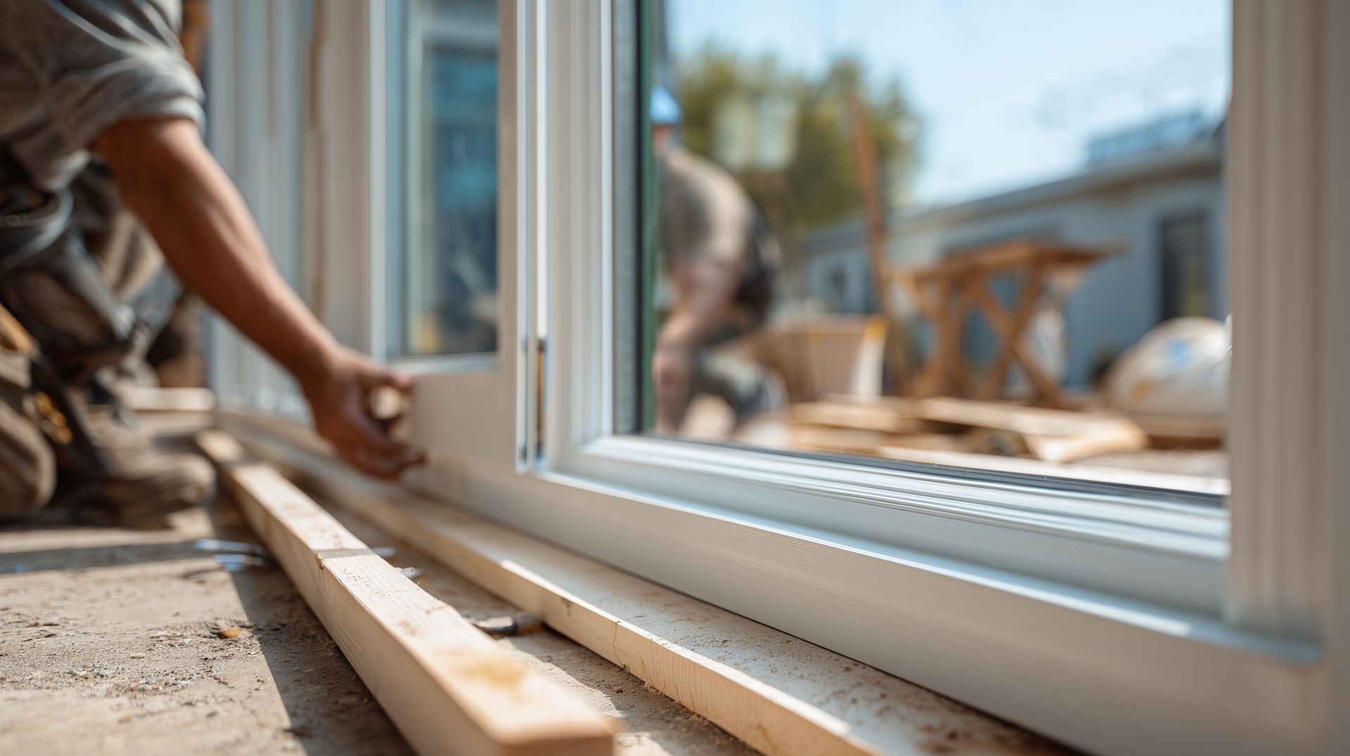 Contractor fastening the corner casing during a professional custom window replacement. Worker installing a white window frame on a sunny construction site