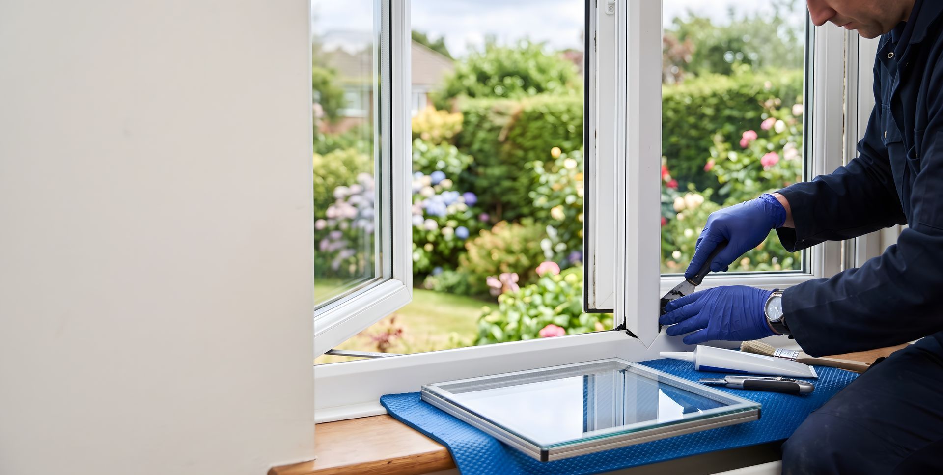 Person in blue gloves working on a tablet by an open window with flowers outside