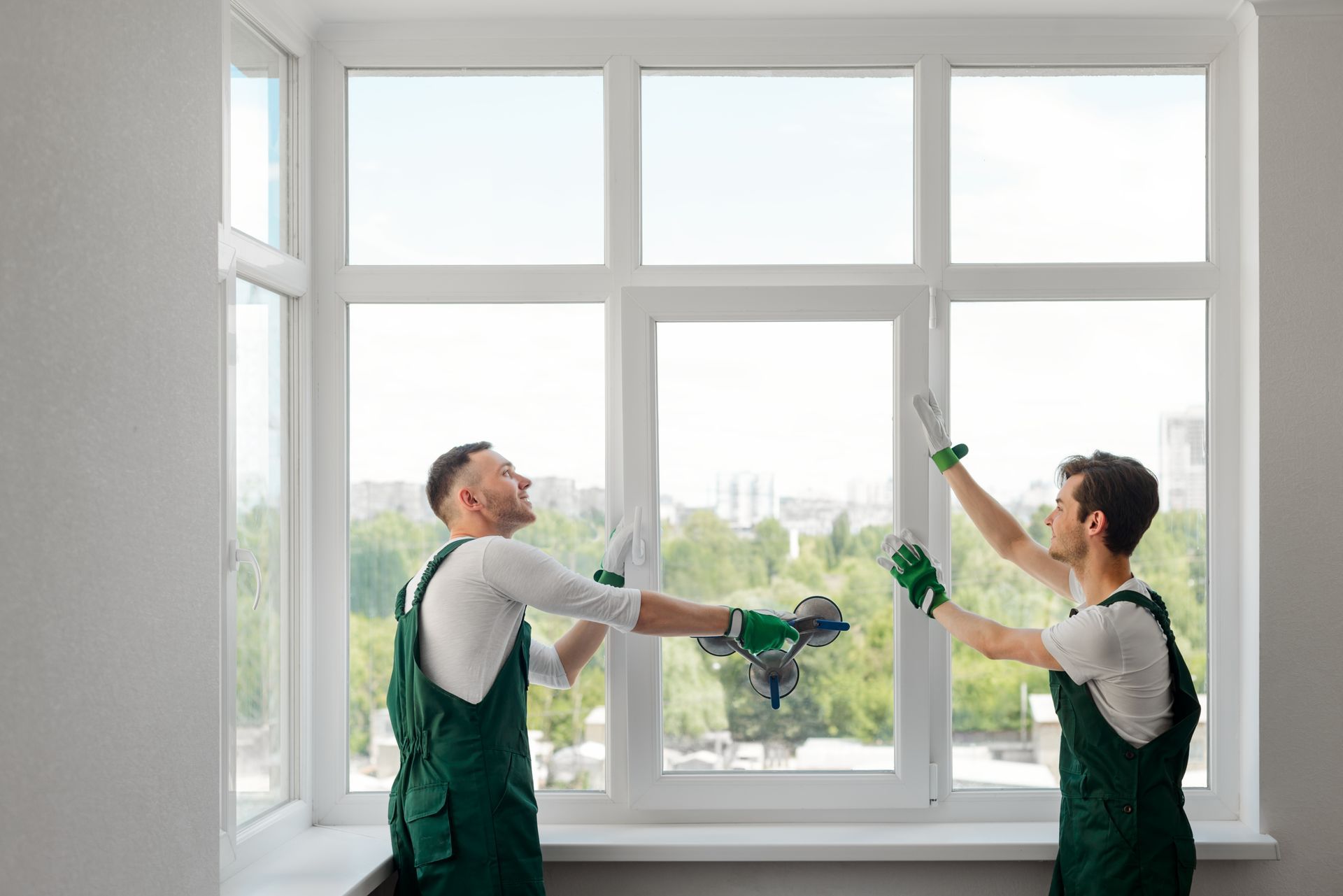 Window installers securing a large glass pane with suction tools.