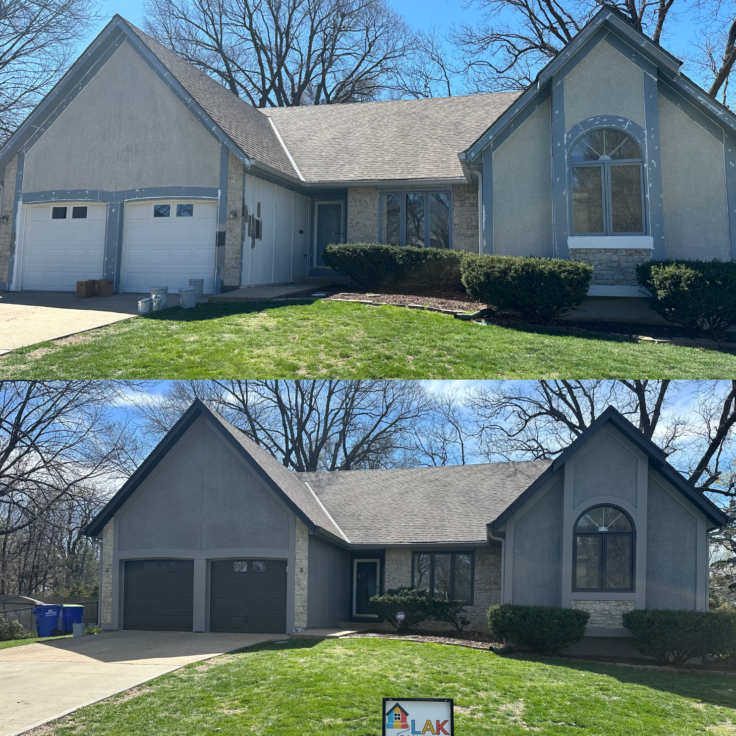 A before and after picture of a house that has been painted gray.