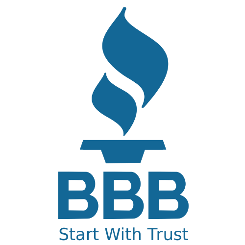 The logo for the better business bureau shows a flame and the words `` start with trust ''.