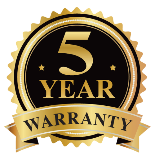 A 5 year warranty seal with a gold ribbon
