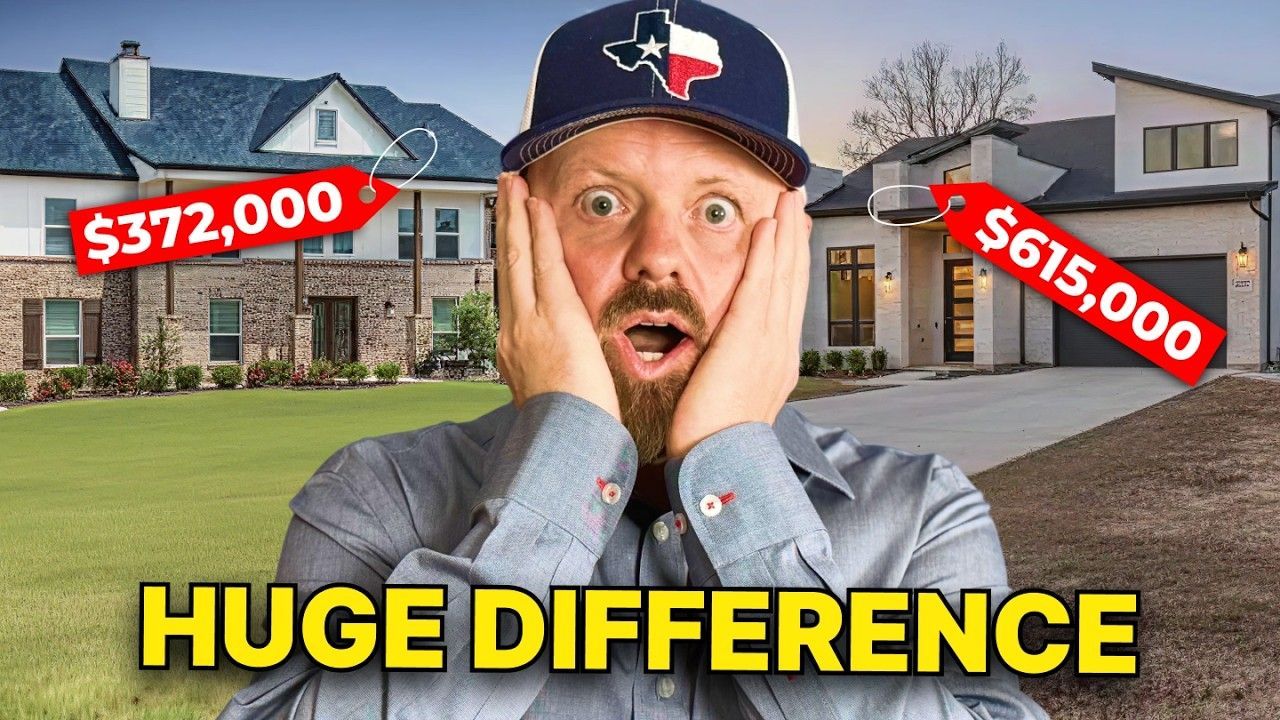 Man with surprised expression, baseball cap. Two houses with price tags: $372,000 and $615,000.