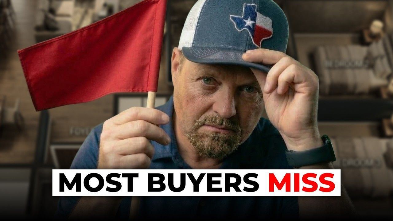 A man wearing a Texas-themed baseball cap holds up a red flag, with text below reading