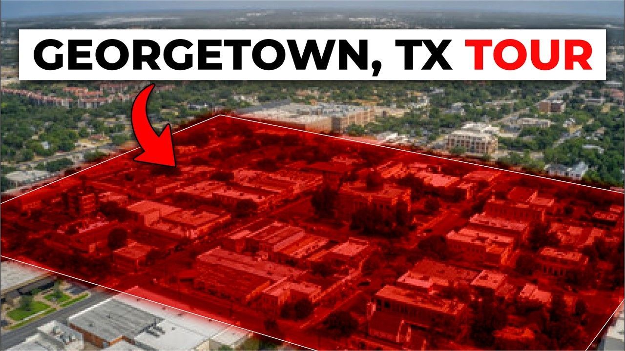 Aerial view of Georgetown, TX downtown with a red outline, labeled