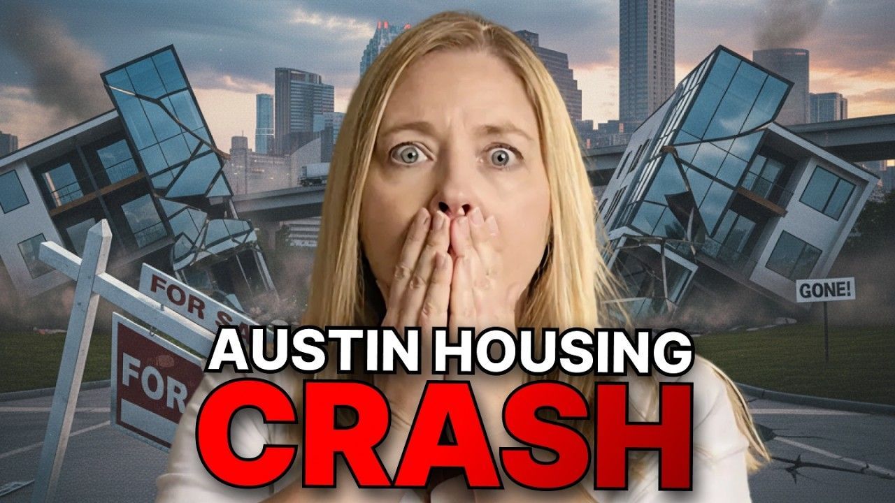 Woman in shock, hands over mouth, with collapsing houses and city in background; text reads