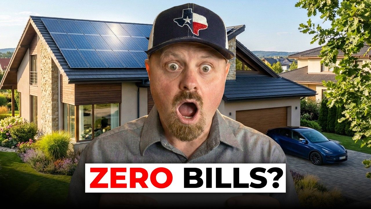 Man with surprised expression in front of house with solar panels, text reads