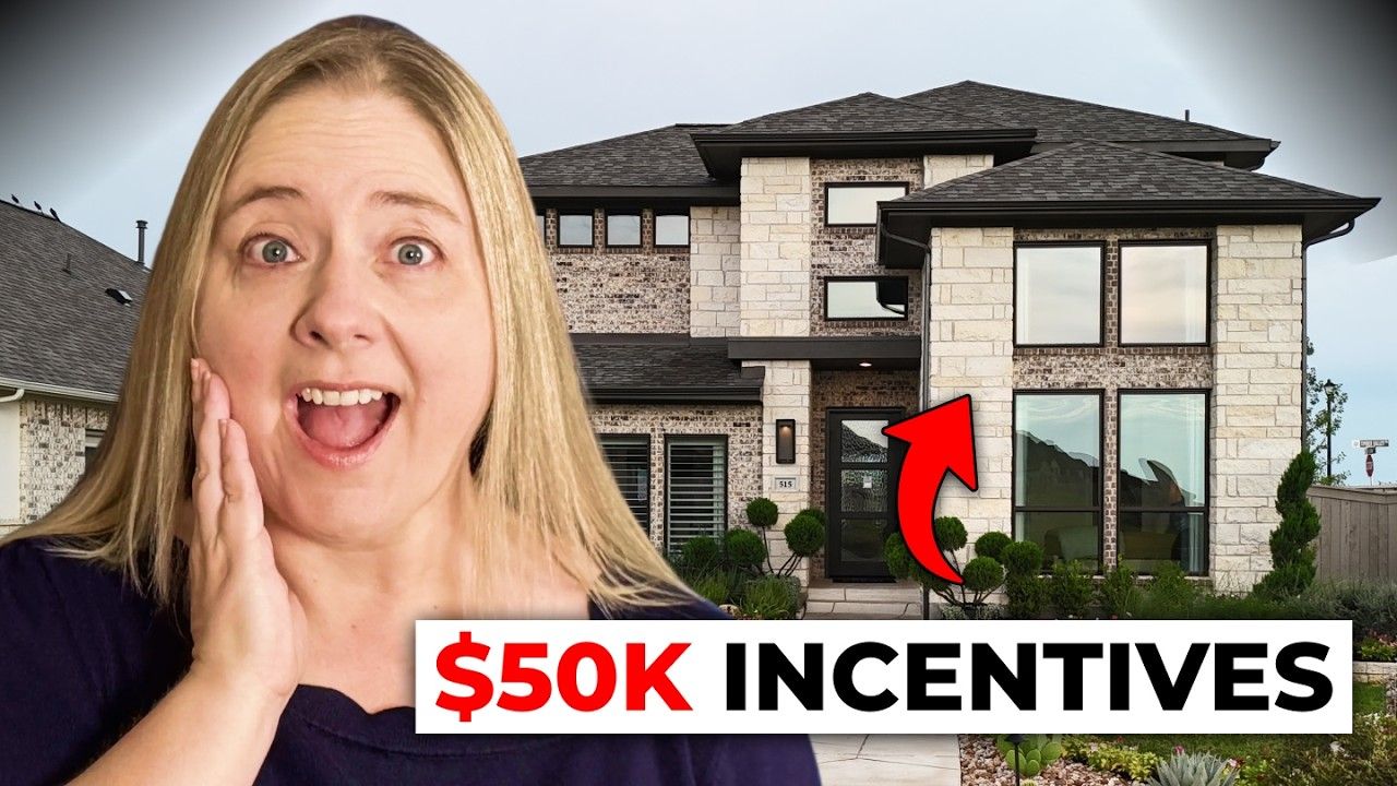 Woman with excited expression in front of house; text says