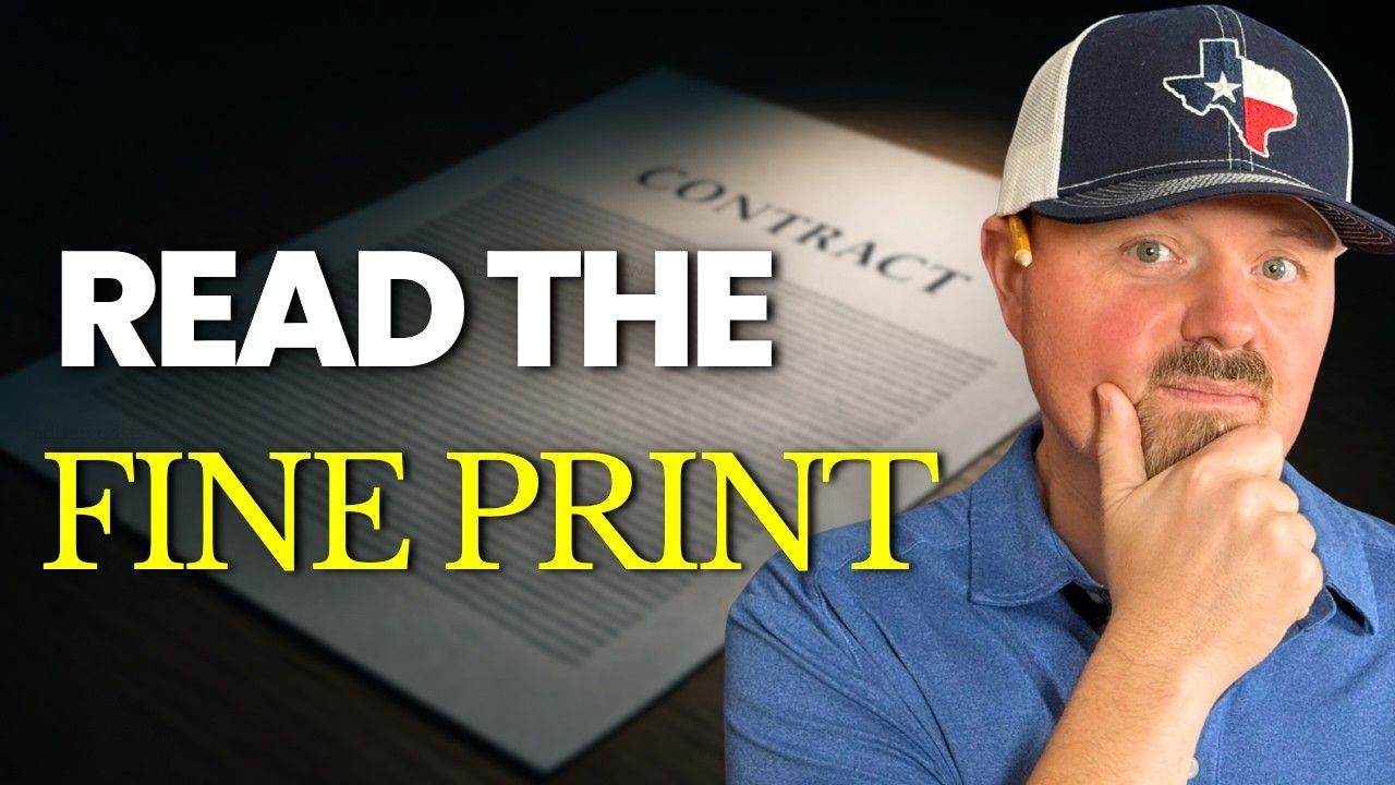 Man wearing hat contemplating a contract, with text
