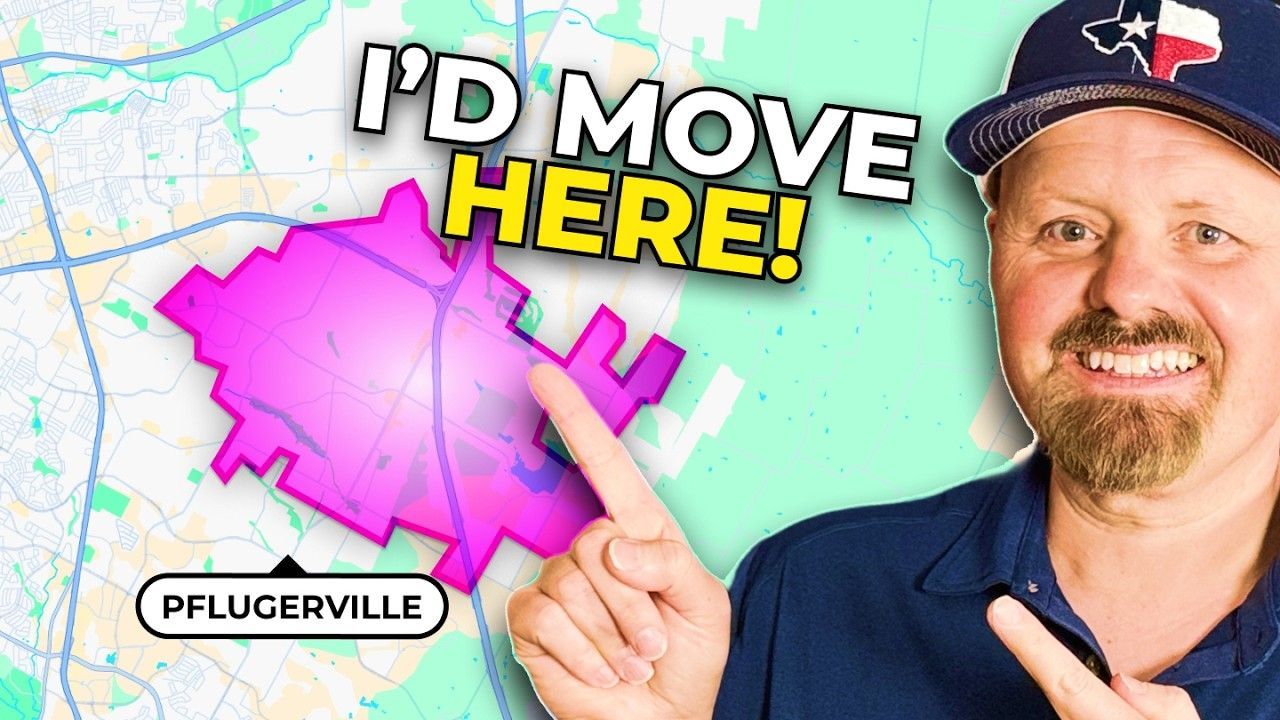 Man points at a map of Pflugerville, Texas, highlighted in pink, with a text overlay that reads
