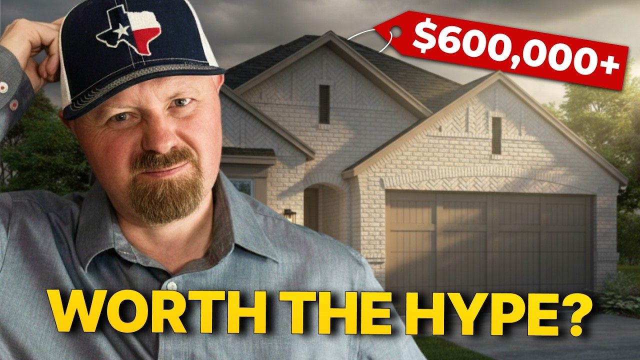 A person wearing a Texas hat stands before a suburban home with a $600,000+ price tag and text reading