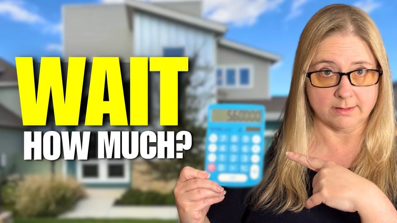 Woman pointing at a calculator in front of a house, text reads