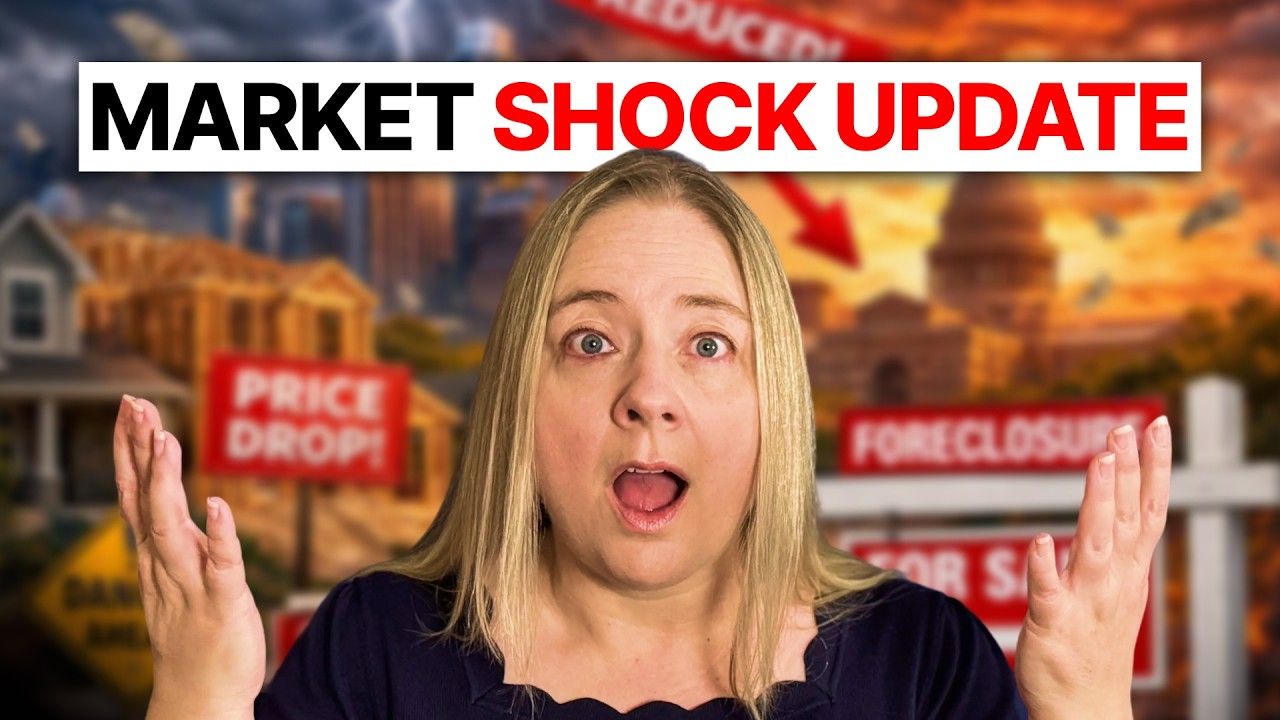 Market shock update graphic with surprised woman, red sale signs, and a foreclosure banner behind her