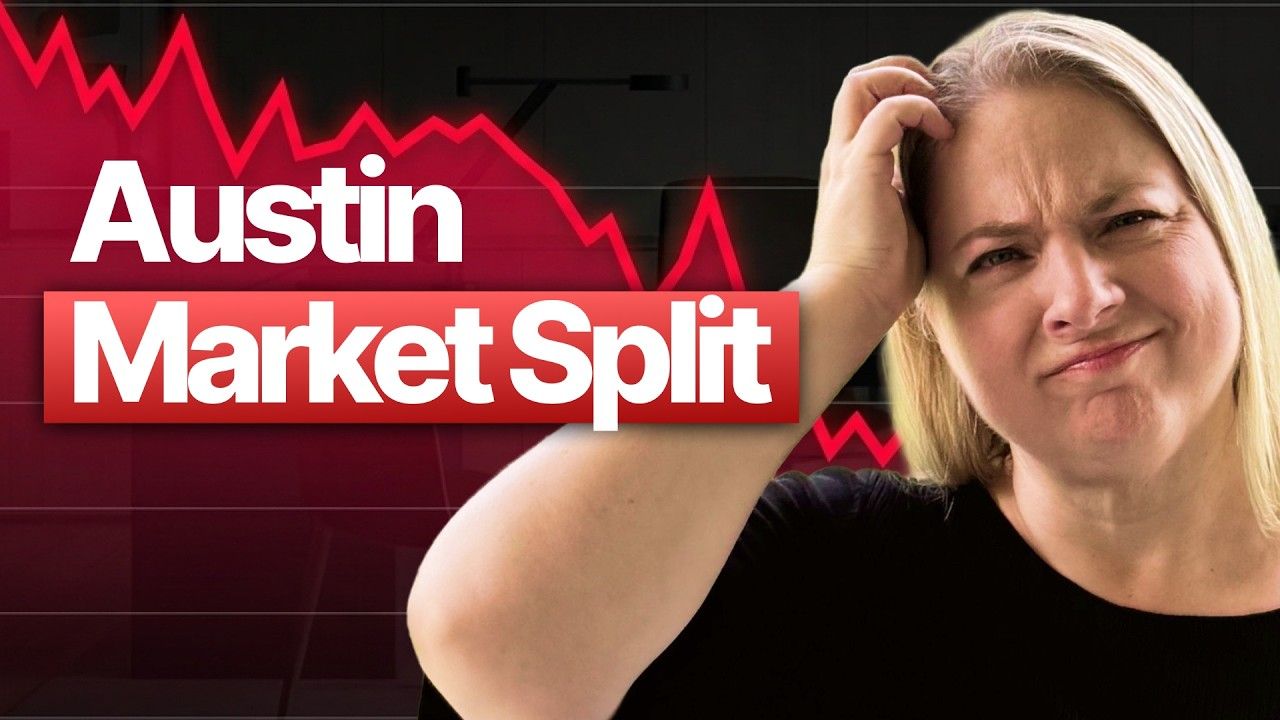 Austin Market Split text over red chart background with a woman holding her head in concern