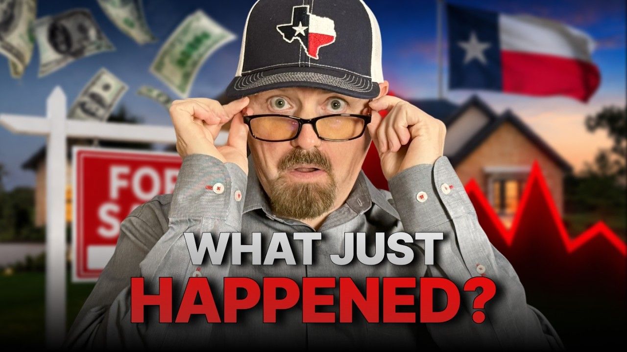 Man in glasses and Texas cap with worried expression, headline “WHAT JUST HAPPENED?”, Texas flag and falling chart behind