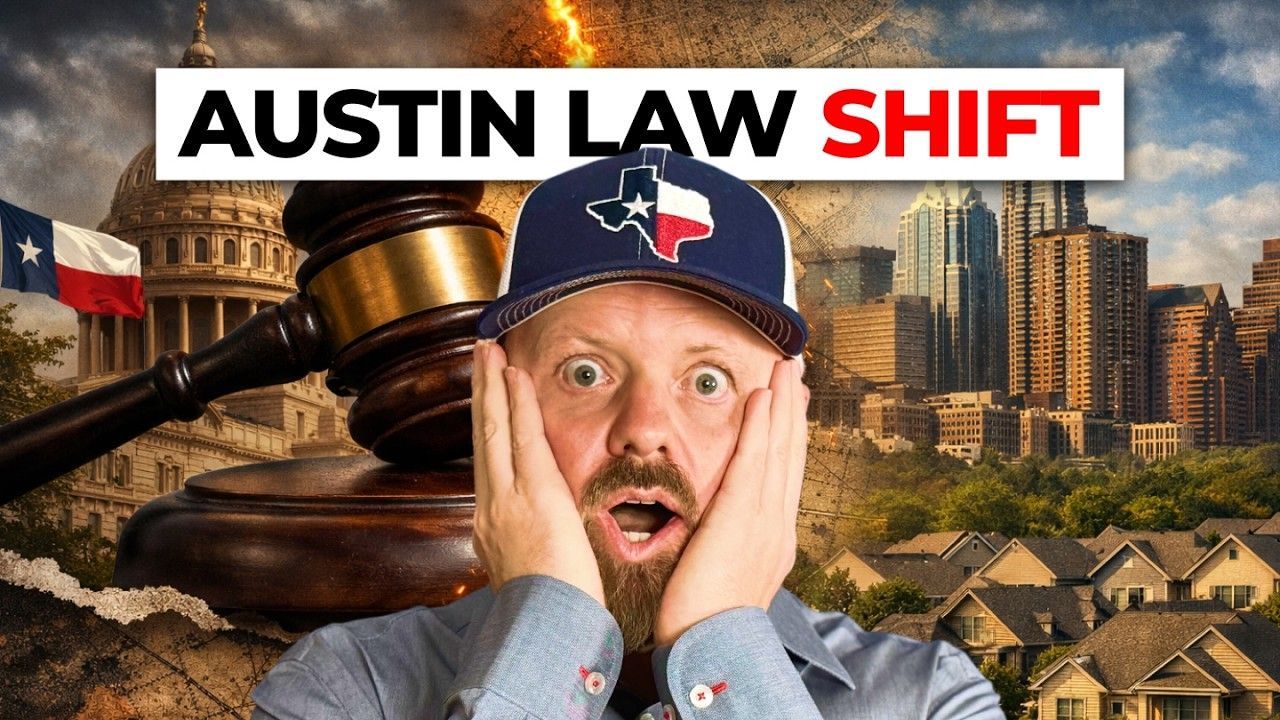 Austin Law Shift graphic with gavel, shocked man in Texas hat, and city skyline.