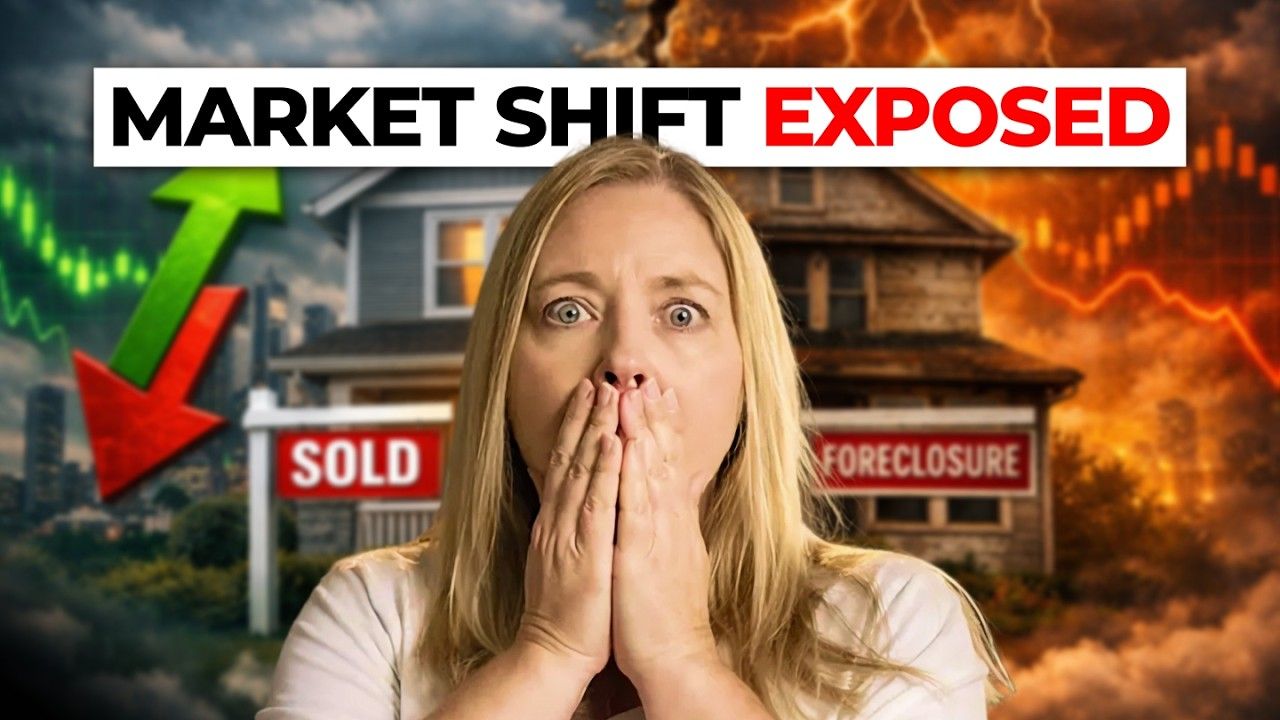 Woman covering mouth before split scene of sold and foreclosure homes with “MARKET SHIFT EXPOSED” text and arrows