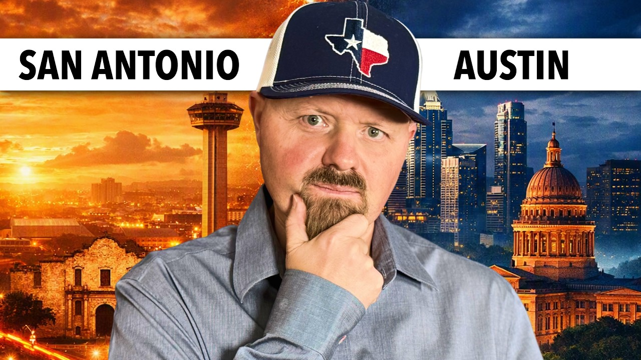 Man in cap between San Antonio and Austin skyline photos, hand on chin, with Texas state outline backdrop