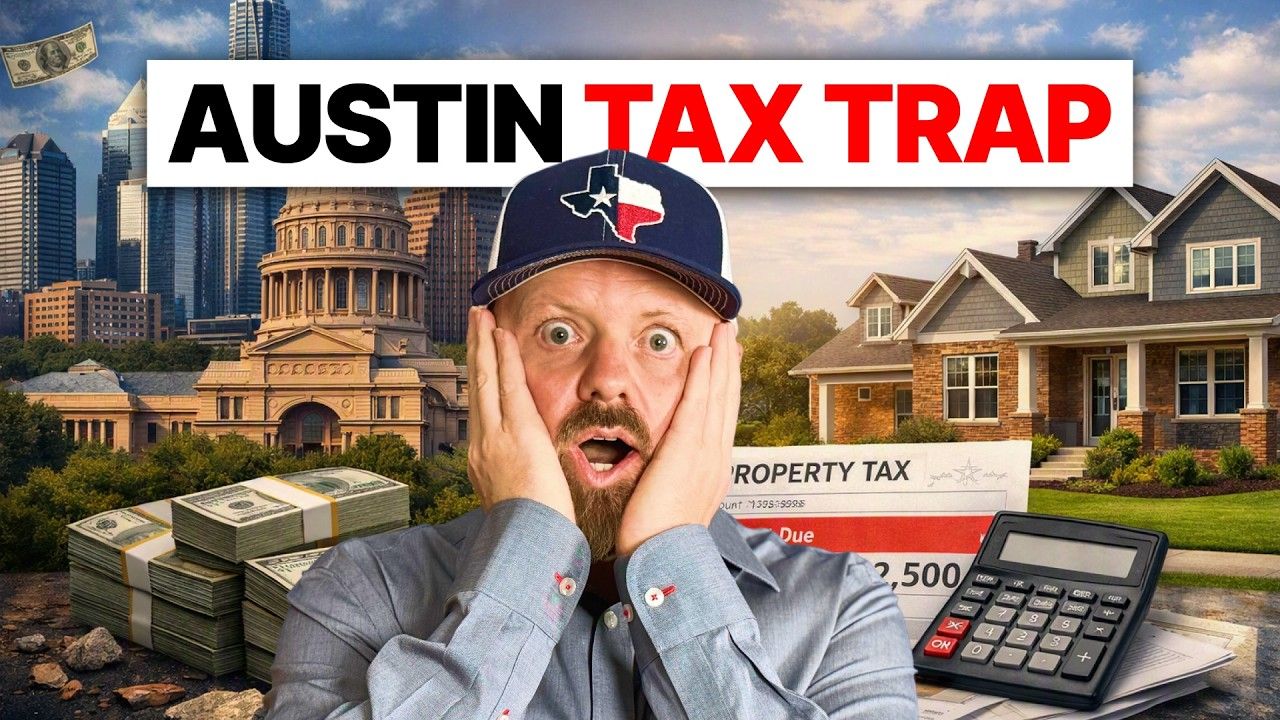 Austin tax trap thumbnail with shocked man, tax bill, house, calculator, and city skyline