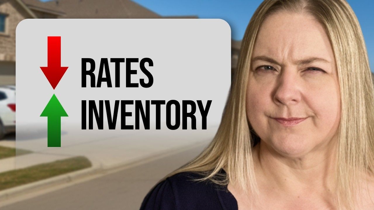Sign with red down arrow “RATES” and green up arrow “INVENTORY” beside a person’s face