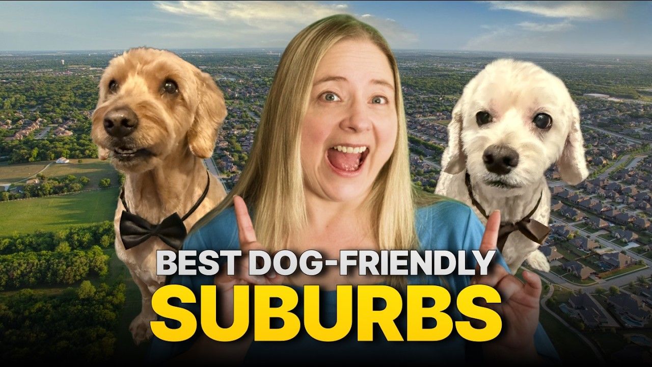 Two dogs and a smiling woman over a suburban landscape with the text “BEST DOG-FRIENDLY SUBURBS”